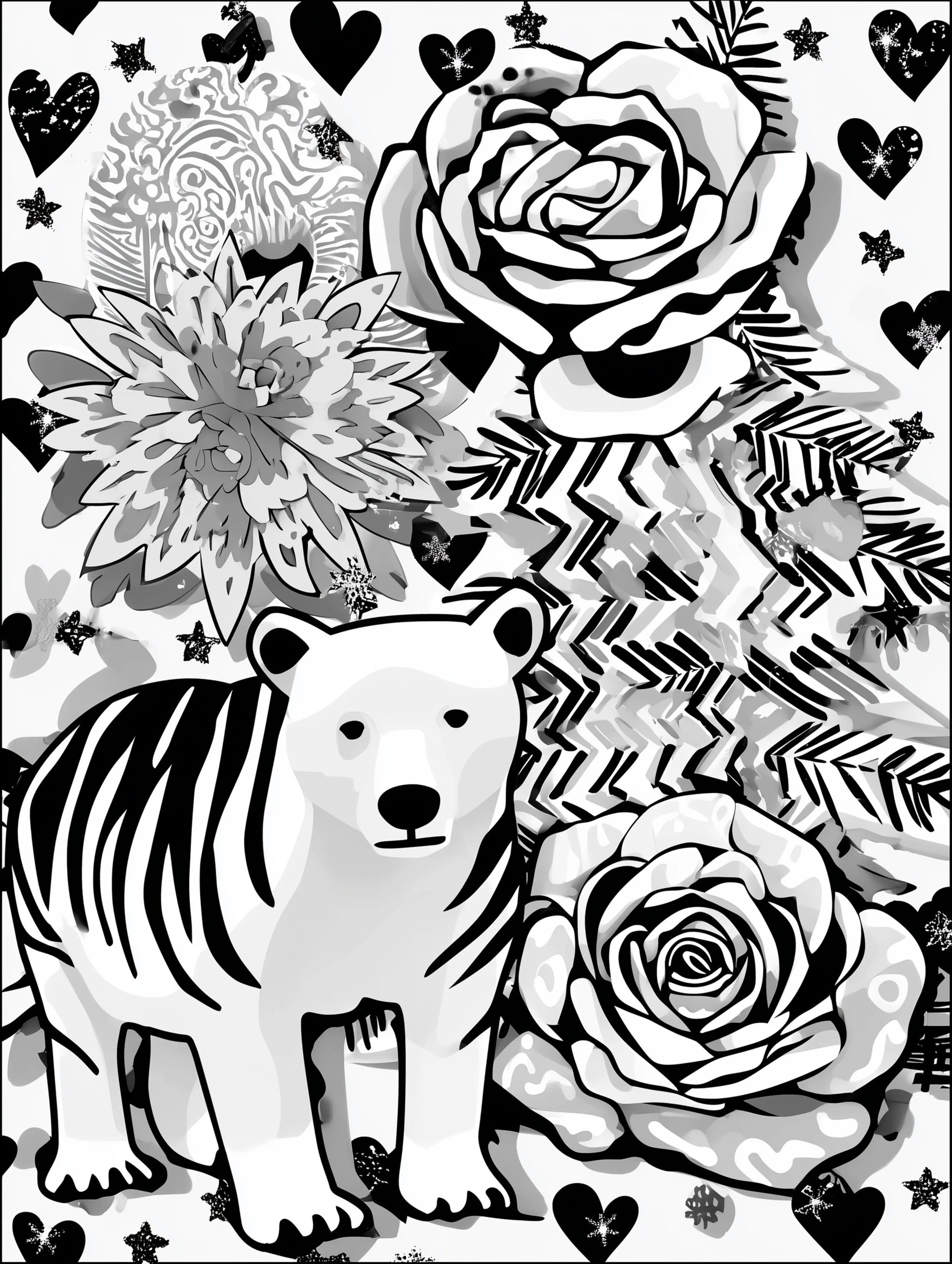 Free printable bear coloring book page featuring a striped polar bear in a winter scene